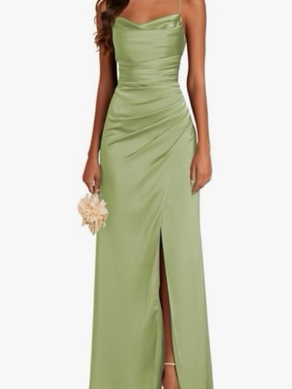 Satin Cowl Neck Olive Green Spaghetti-Strap Evening Dress